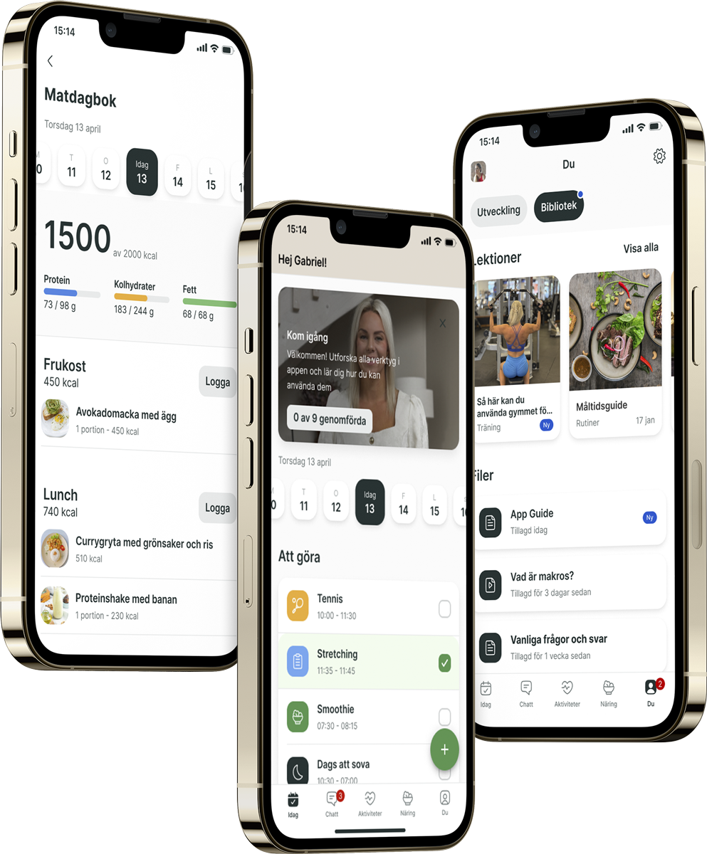 En mockup av coaching-appen som visar funktionerna.